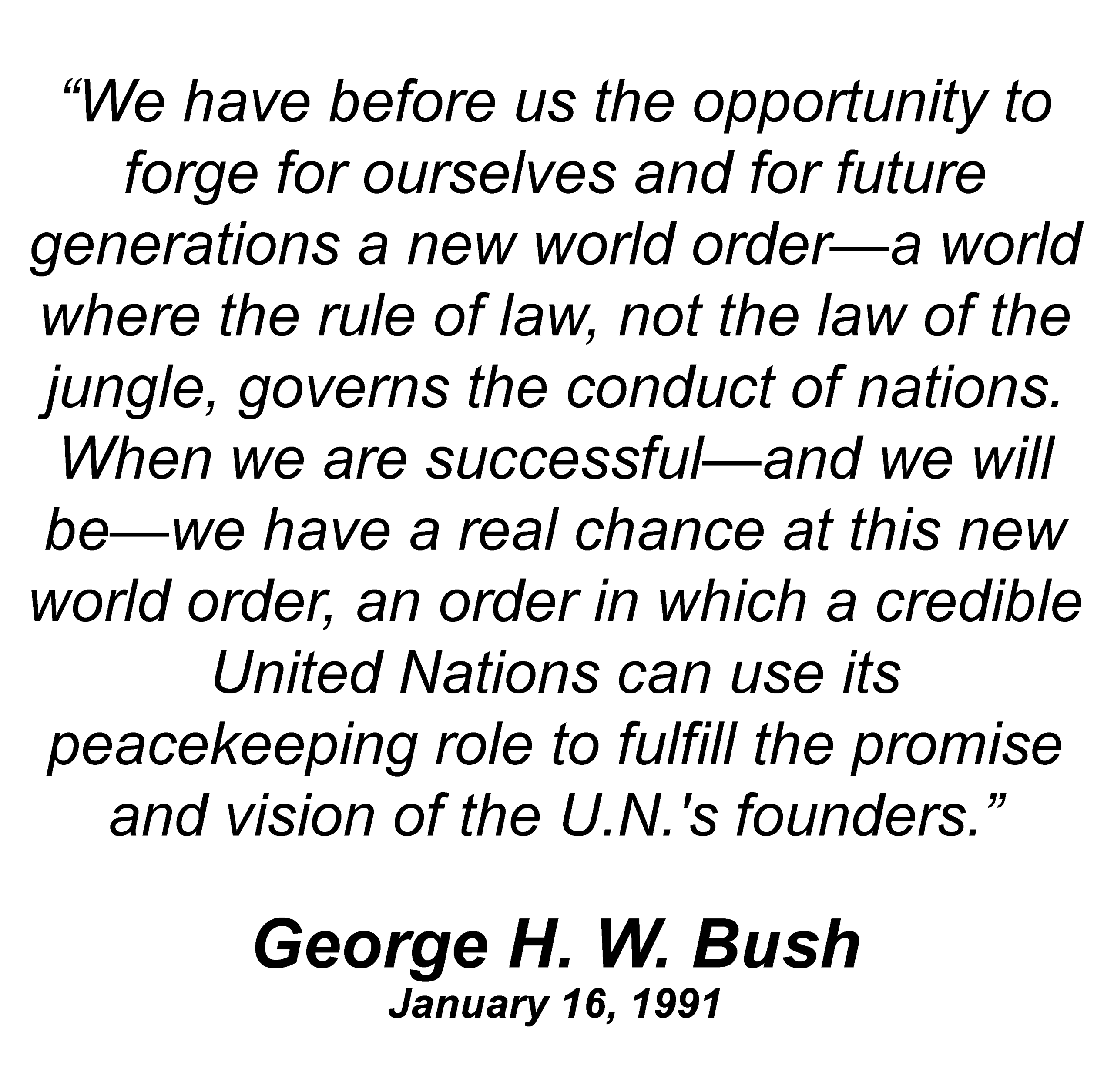 Quote graphic of George H. W. Bush using the phrase “new world order,” January 16, 1991.